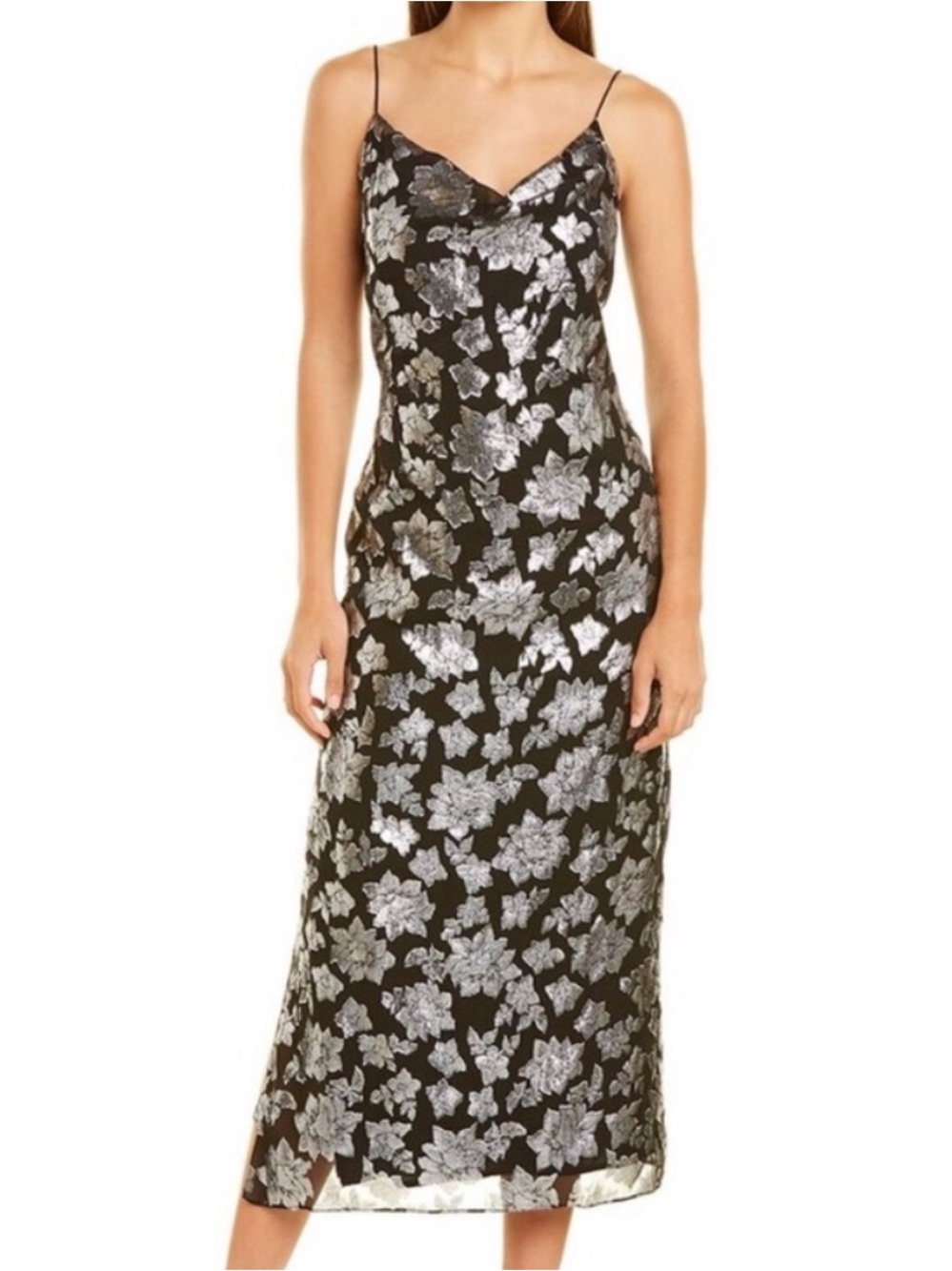 CLUB MONACO Silk Blend Floral Jacquard Holiday Cowl Neck Midi Slip Dress Sz 00